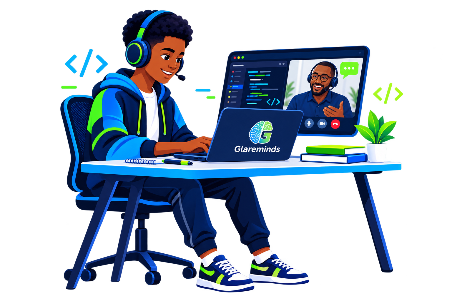 Student learning coding and technology online with Glareminds